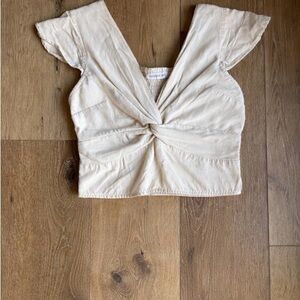 Knot-Front Cream Crop Top with Flutter Sleeves